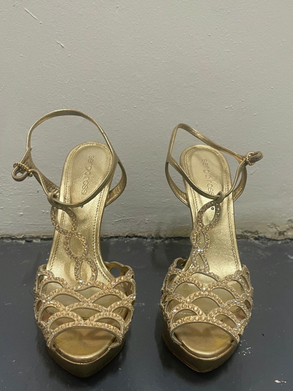 🌟 Sergio Rossi Gold Trésor Crystal Vague Platform Sandals Heel 38 🌟